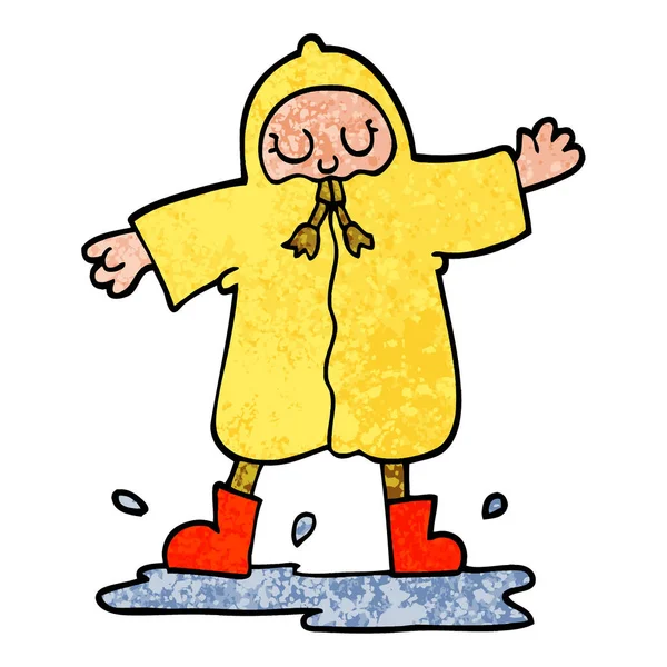 Grunge Textured Illustration Cartoon Person Splashing Puddle Wearing Rain Coat — Stock Vector