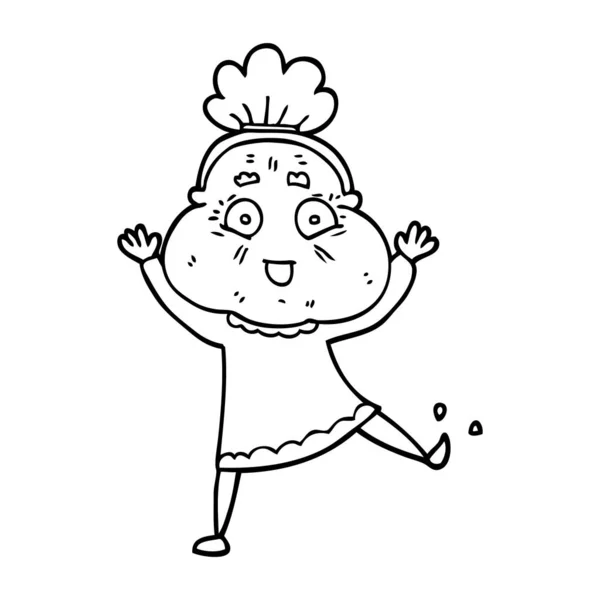 Linha Desenho Desenho Animado Dança Velha Senhora —  Vetores de Stock