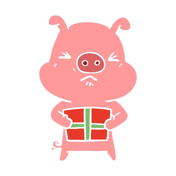 Flache Farbe Stil Cartoon Wütendes Schwein Mit Weihnachtsgeschenk — Stockvektor