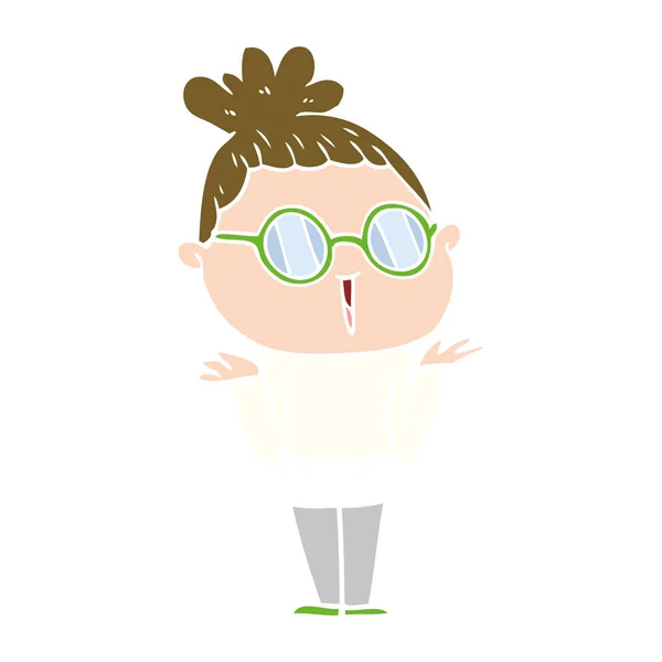 Flat Color Style Cartoon Shrugging Woman Wearing Spectacles — Stock Vector