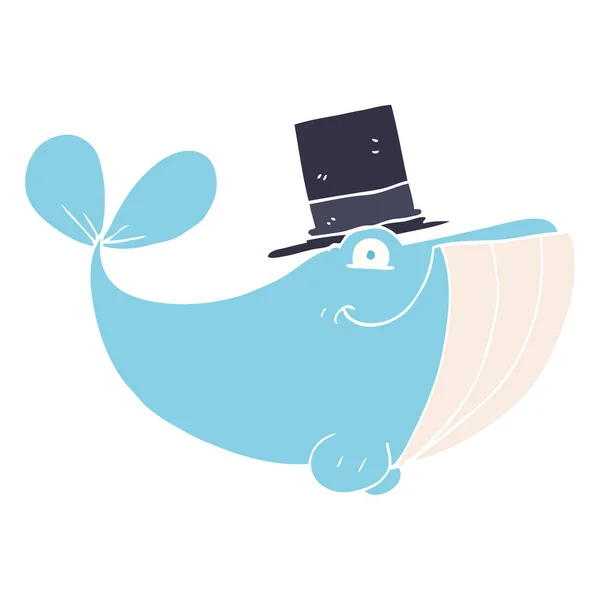 シルクハットを身に着けているクジラのフラット カラー イラスト — ストックベクタ