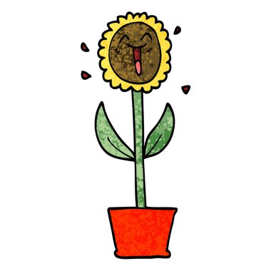 Grunge dokulu illüstrasyon karikatür çiçek tencerede