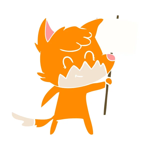 Egale Kleur Stijl Cartoon Vriendelijke Fox Met Teken — Stockvector