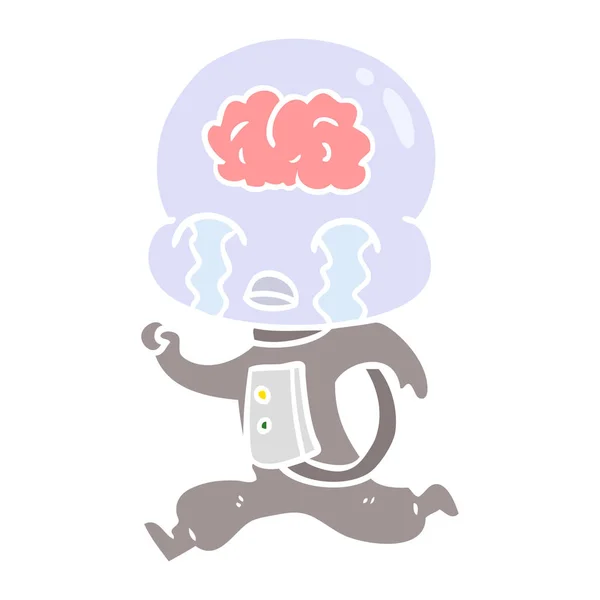 Egale Kleur Stijl Cartoon Grote Hersenen Alien Huilen Running — Stockvector