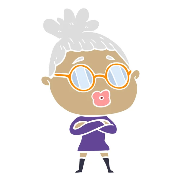 Flat Color Style Cartoon Woman Wearing Spectacles — Stock Vector