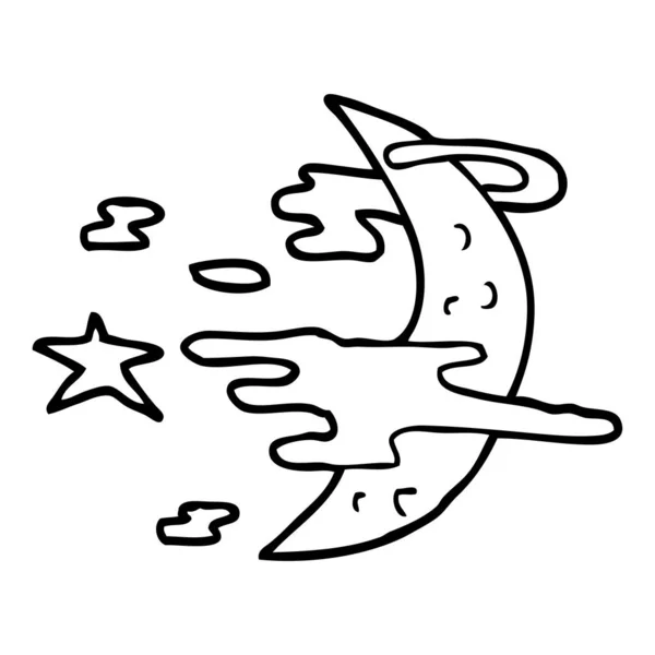 Linha Desenho Desenhos Animados Lua Assustadora Nuvens — Vetor de Stock