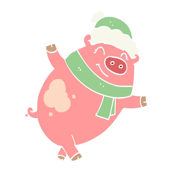 Flat Color Style Cartoon Pig Wearing Christmas Hat — Stock Vector