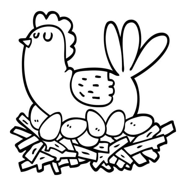Pollo Cartone Animato Bianco Nero Nido Uova — Vettoriale Stock