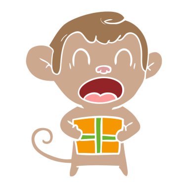 düz renk stil karikatür maymun Noel hediyesi taşıyan bağırarak