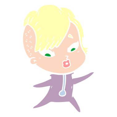 düz renk stil çizgi film bilim kurgu giysili kızı şaşırttı