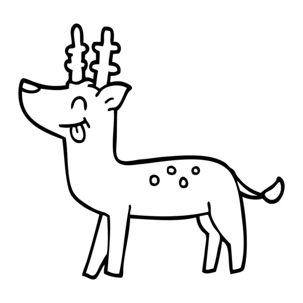 Linea Disegno Cartone Animato Cervo Felice — Vettoriale Stock