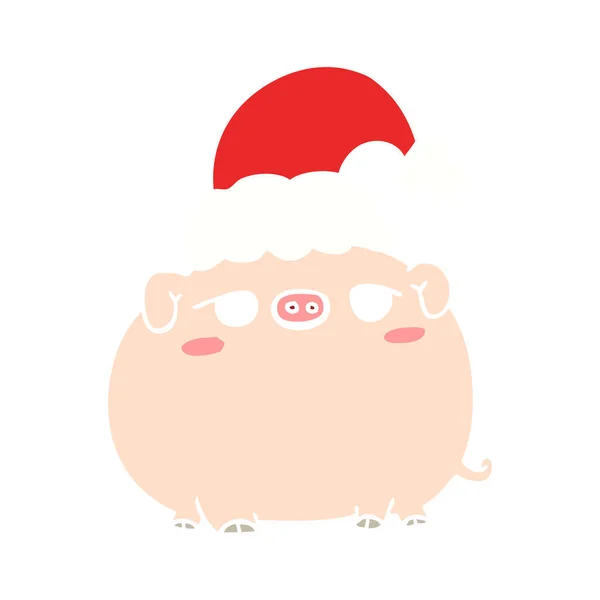 Flache Farbe Stil Cartoon Schwein Trägt Weihnachtsmütze — Stockvektor