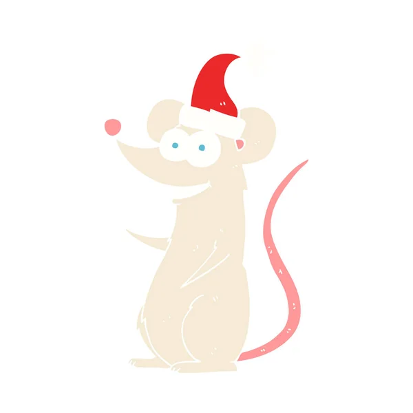 Ilustrasi Warna Datar Dari Mouse Memakai Topi Natal - Stok Vektor