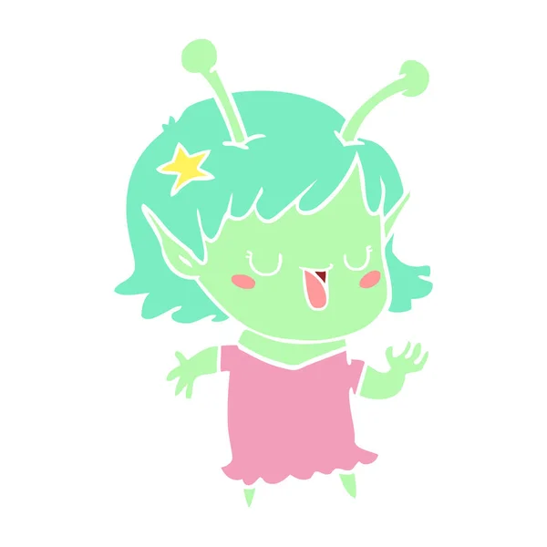 Chica Alienígena Feliz Color Plano Estilo Dibujos Animados — Vector de stock
