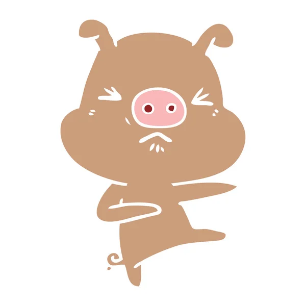 Plat Couleur Style Dessin Animé Colère Cochon Coups Pied Dehors — Image vectorielle