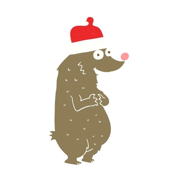 Flat Color Illustration Bear Wearing Christmas Hat — Stock Vector
