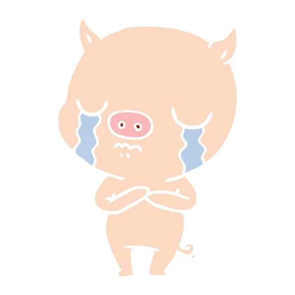 Flat Color Style Cartoon Pig Crying — Stock Vector