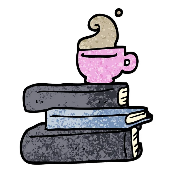 Grunge Texturizado Ilustração Desenhos Animados Livros Xícara Café — Vetor de Stock