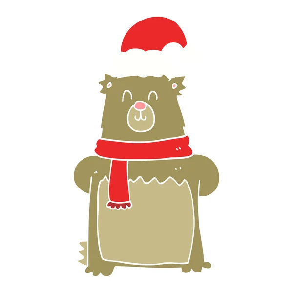 Flat Color Style Cartoon Bear Wearing Christmas Hat — Stock Vector
