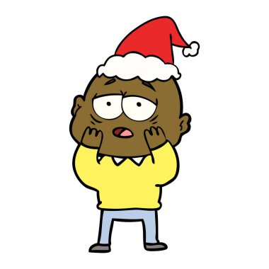 yorgun bir kel adam Noel Baba şapkası giyen çizgi çizme