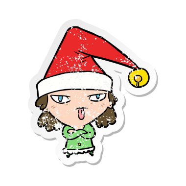 Noel şapka giymiş bir çizgi film kızın sıkıntılı etiket