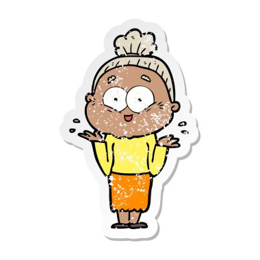 bir karikatür mutlu yaşlı kadının sıkıntılı etiket