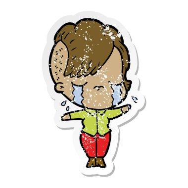 bir çizgi film ağlayan kızın sıkıntılı etiket