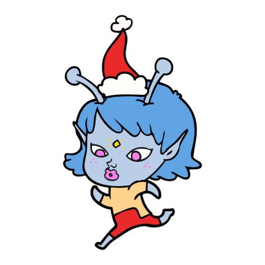 oldukça giyen Noel Baba şapkası çalıştıran bir uzaylı kız çizgi
