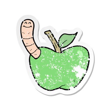 bir çizgi film Apple ile solucan Retro sıkıntılı etiket