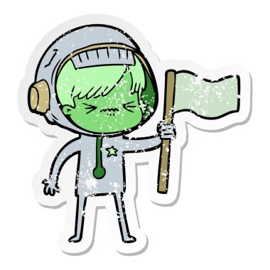 bir çizgi film astronot kadının sıkıntılı etiket