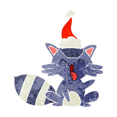 Noel Baba şapkası giyen bir rakun retro karikatür şirin el çekilmiş