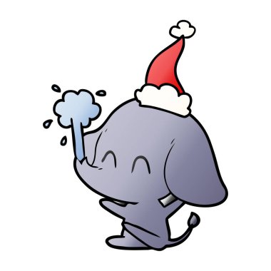 Noel Baba şapkası giyen su spouting bir filin şirin el çekilmiş degrade çizgi film