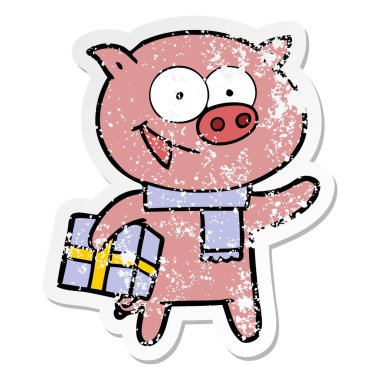 Noel hediye ile neşeli domuz bir sıkıntılı etiket