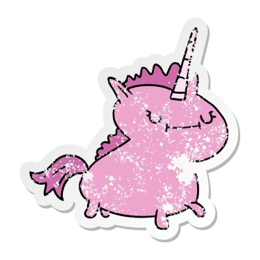 elle çizilmiş etiket karikatür doodle büyülü bir tek boynuzlu at, sıkıntılı