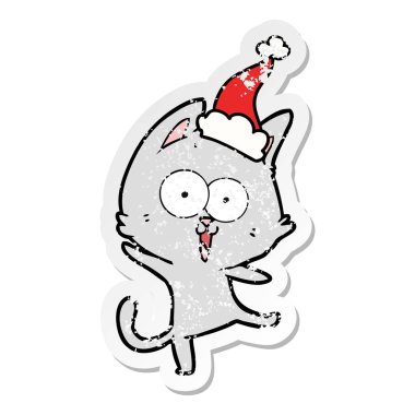 Noel Baba şapkası giyen bir kedinin komik sıkıntılı etiket çizgi film