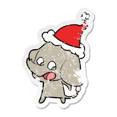 şirin sıkıntılı etiket karikatür Noel Baba şapkası giyen bir fil