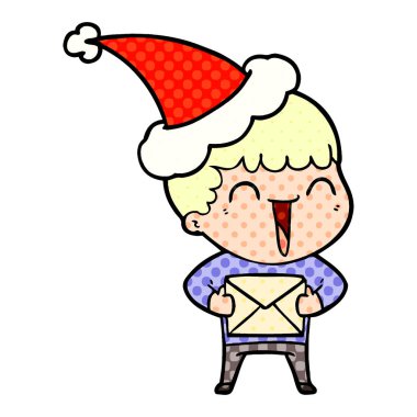 çizgi roman tarzı illüstrasyon santa şapka mutlu bir adamın el çekilmiş