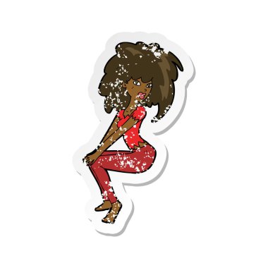 kabarık saçlı bir karikatür kadının Retro sıkıntılı etiket