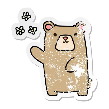 ilginç el çizilmiş karikatür ayı ve çiçek sıkıntılı etiket