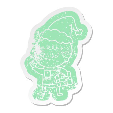 Noel Baba şapkası giyen bir huysuz çocuk çizgi film sıkıntılı etiket