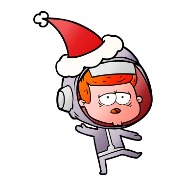 Noel Baba şapkası giyen yorgun bir astronotun degrade çizgi film