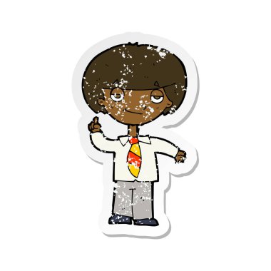 Retro bir karikatür Okulu çocuk yanıtlama soru etiket sıkıntılı