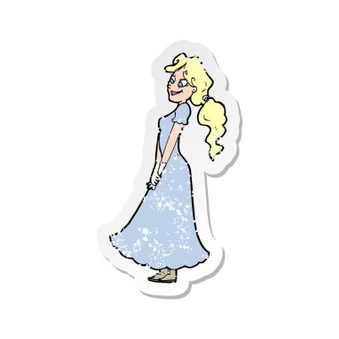 Retro sıkıntılı etiket içinde bir çizgi film güzel kadın