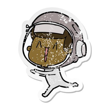 çalışan bir mutlu karikatür astronotun sıkıntılı etiket