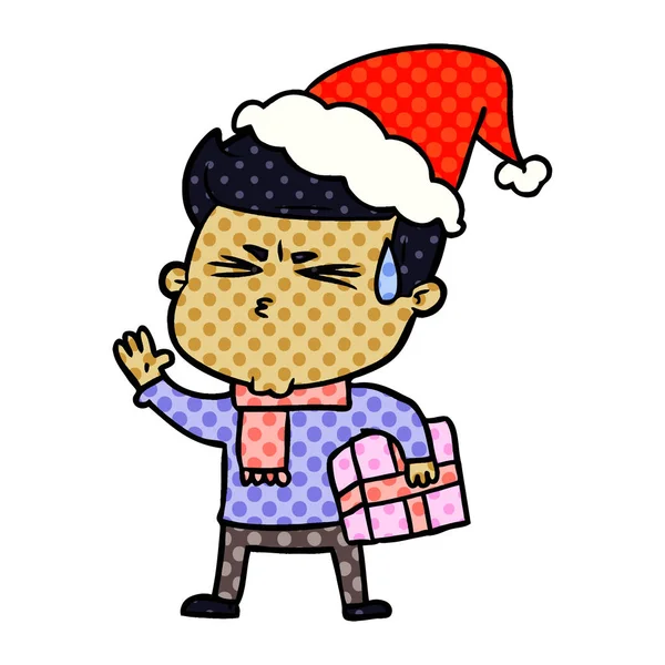 Comic book style illustration of a man sweating wearing santa ha — стоковый вектор