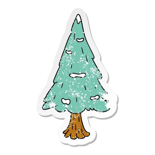 Etiqueta angustiada desenho animado doodle única árvore coberta de neve — Vetor de Stock