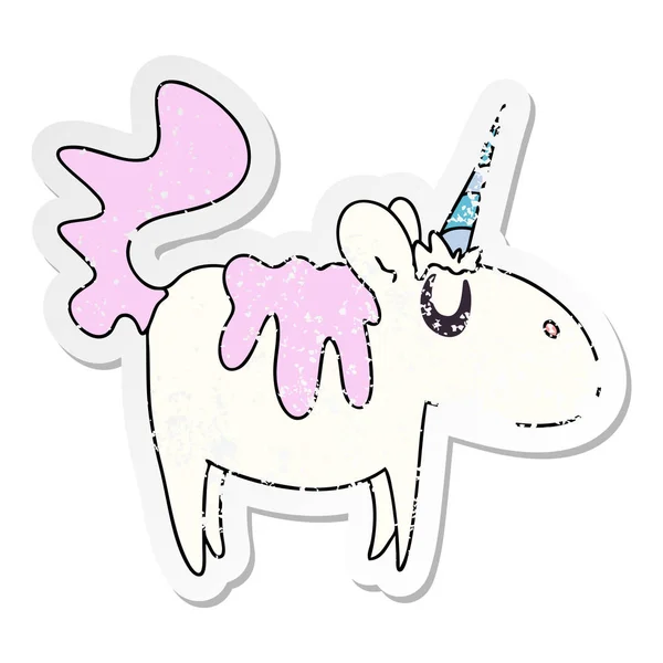 Distressed sticker of a quirky hand drawn cartoon unicorn — Stock Vector