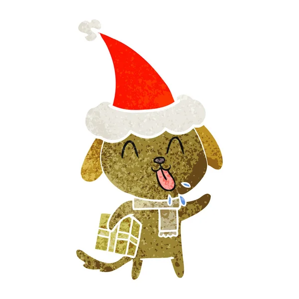 Carino cartone animato retrò di un cane con regalo di Natale indossa Babbo Natale — Vettoriale Stock