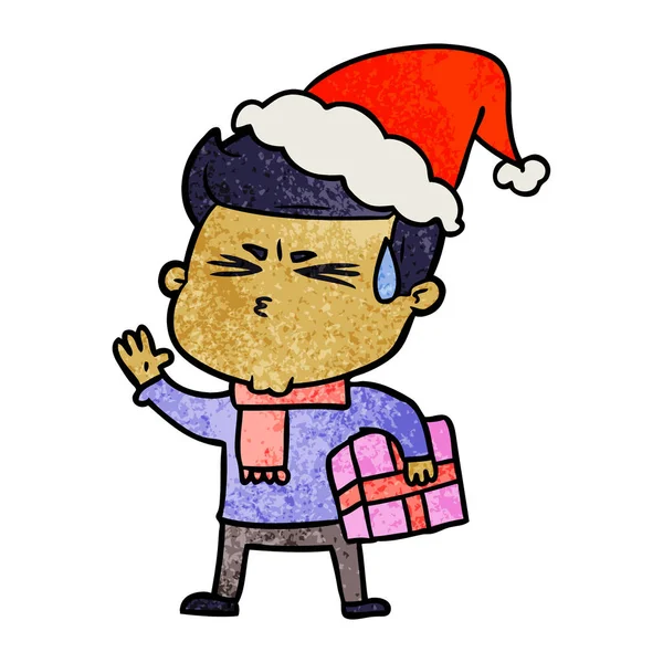 Dessin Animé Texturé Main Homme Transpirant Portant Chapeau Père Noël — Image vectorielle