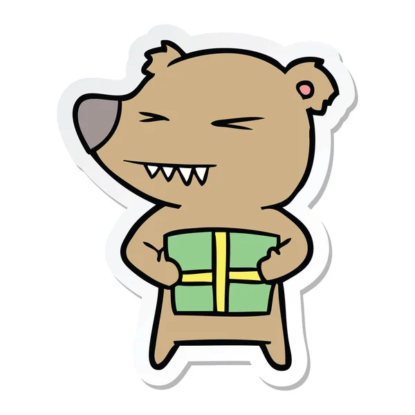 带有礼物的愤怒的熊卡通贴纸 — 图库矢量图片